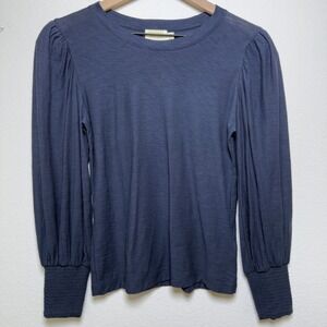 Nation LTD Women 100% Pima Cotton Top XS Navy Loren Puff Sleeve Smocked Cuff Tee